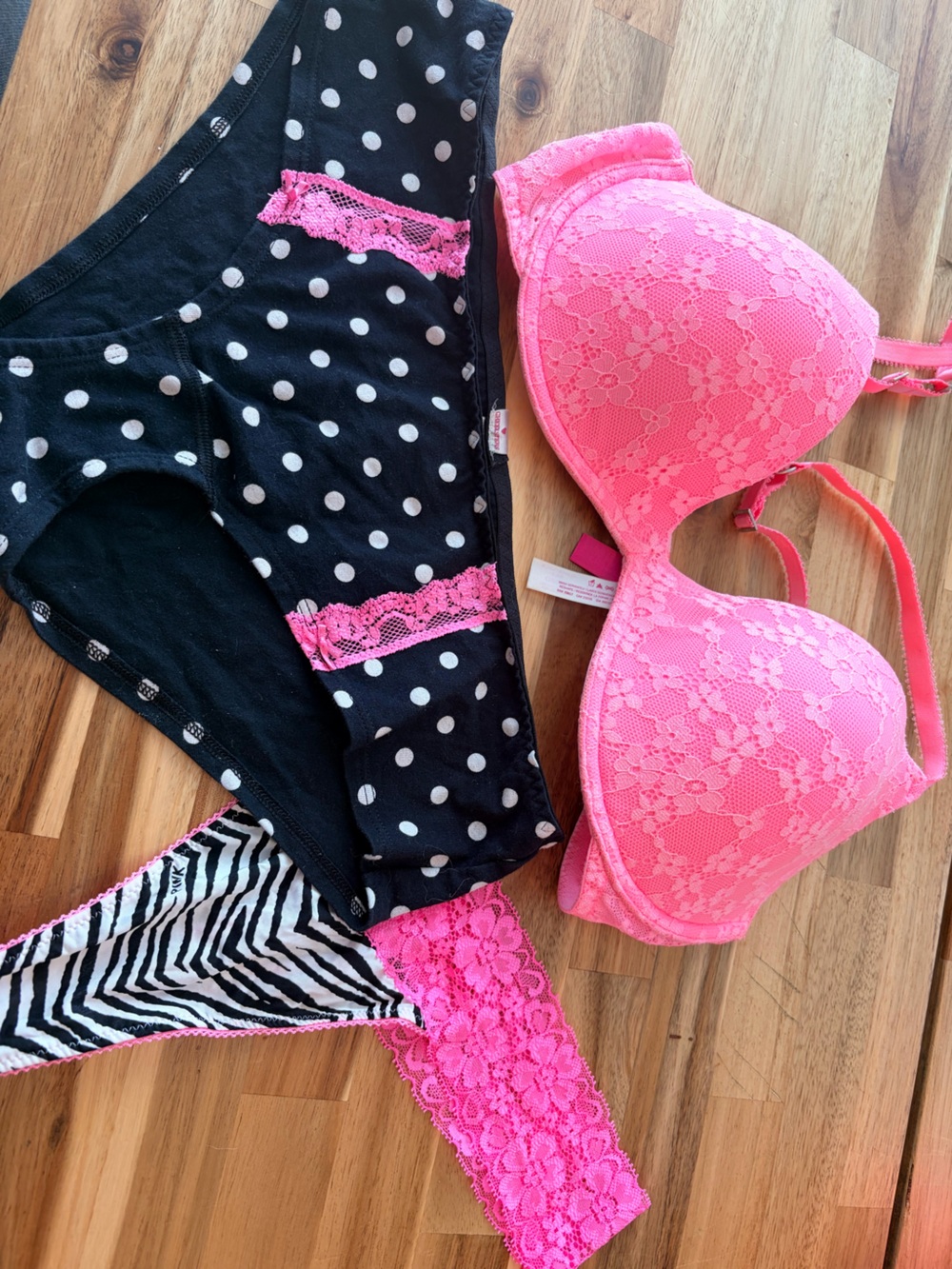 PINK Victoria's Secret Black & White Polka Dot and Hot Pink Lace Bra Set